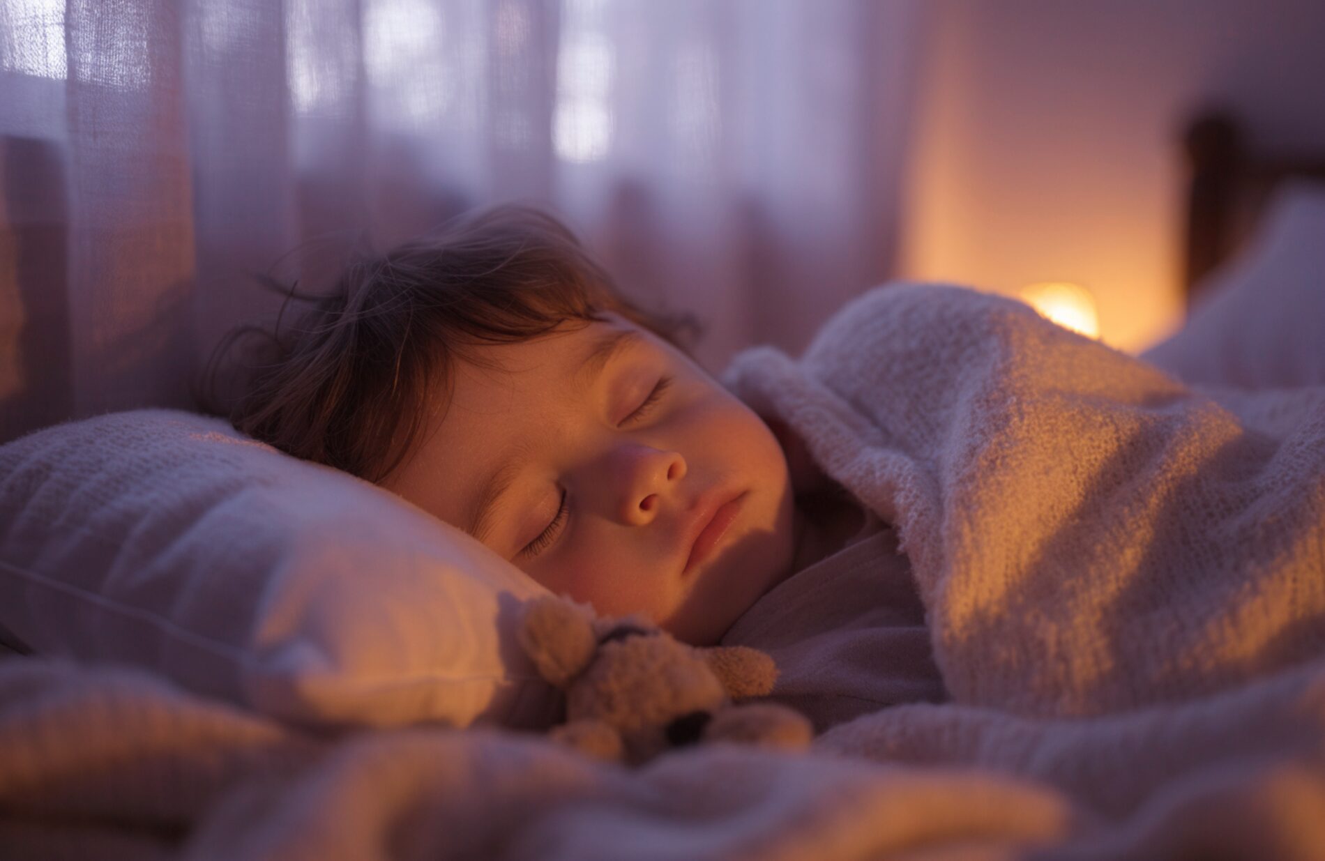 A young child sleeping peacefully in a softly lit bedroom