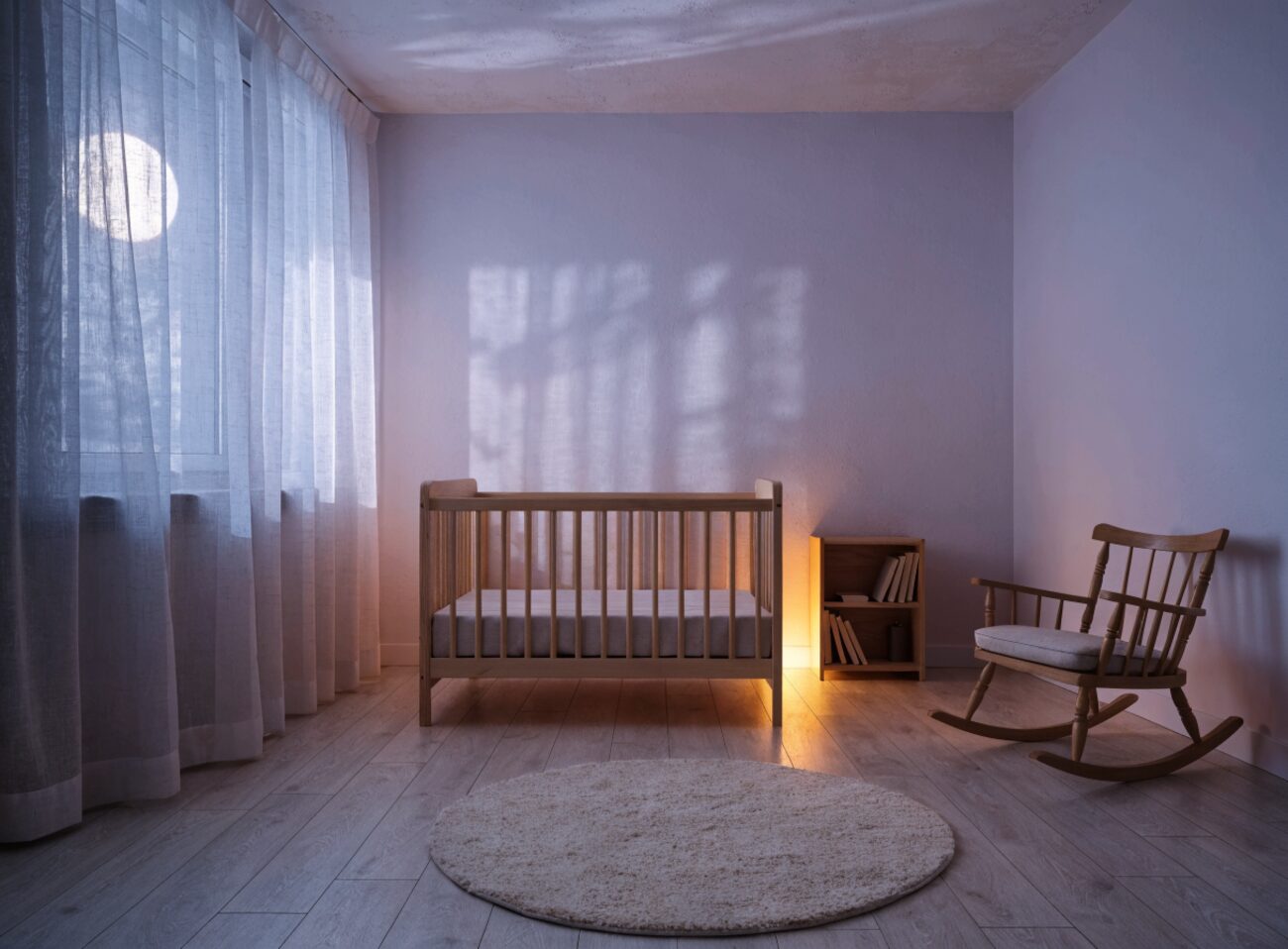 A serene, softly lit nursery with a simple, safe crib